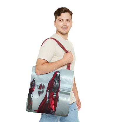 Futuristic Red Hooded Tote Bag, Eco-Friendly Shopping Tote, Stylish Reusable Bag, Perfect for Gifts, Fashion Statement