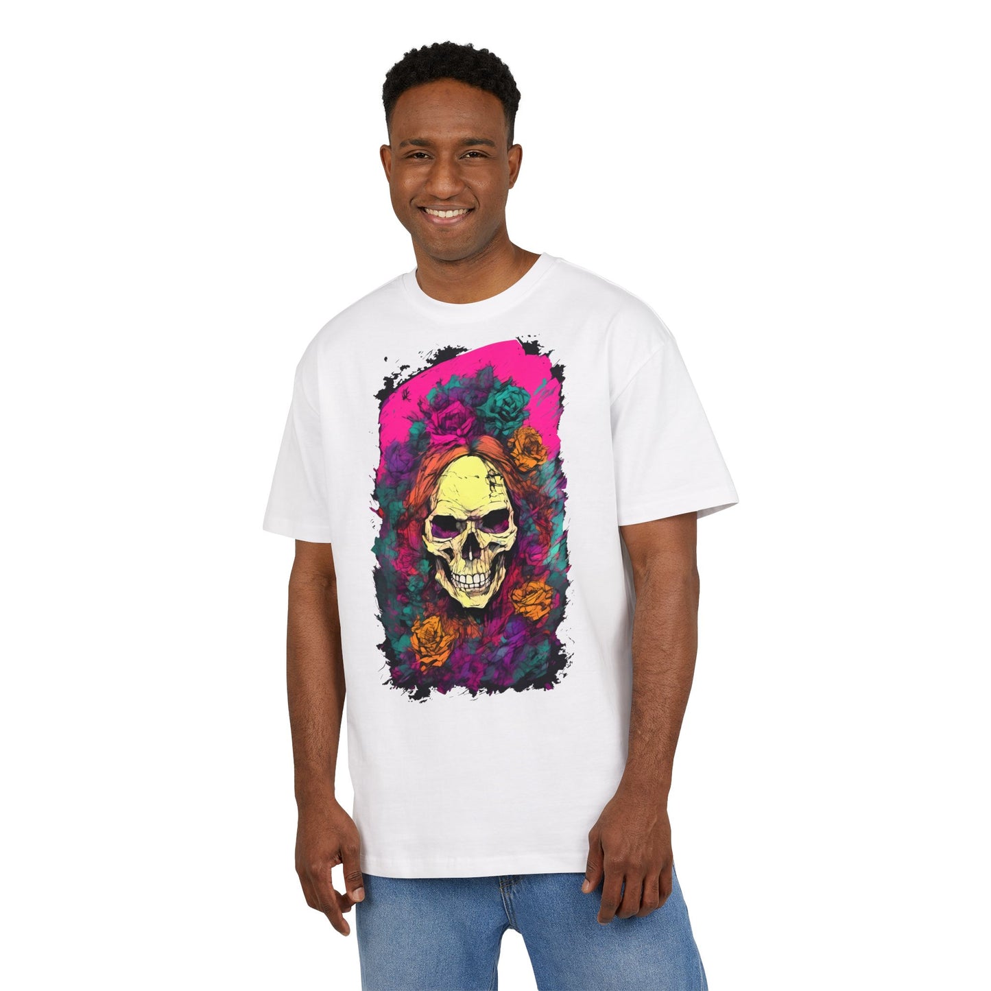 Skull Floral Oversize Tee - Graphic T-Shirt for Halloween, Festival Wear, Unisex Casual, Unique Gift