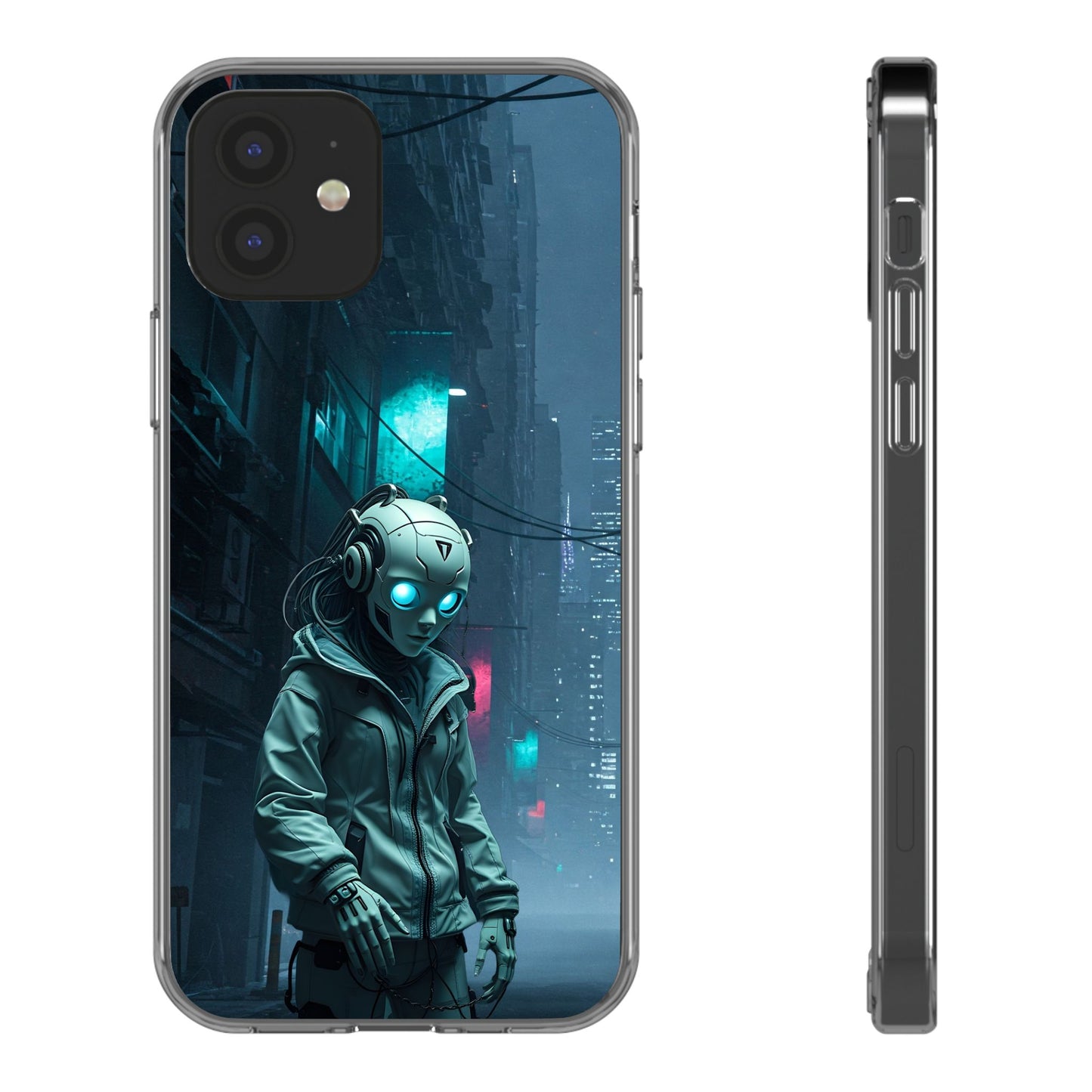 Futuristic Clear Phone Case with Neon City Design