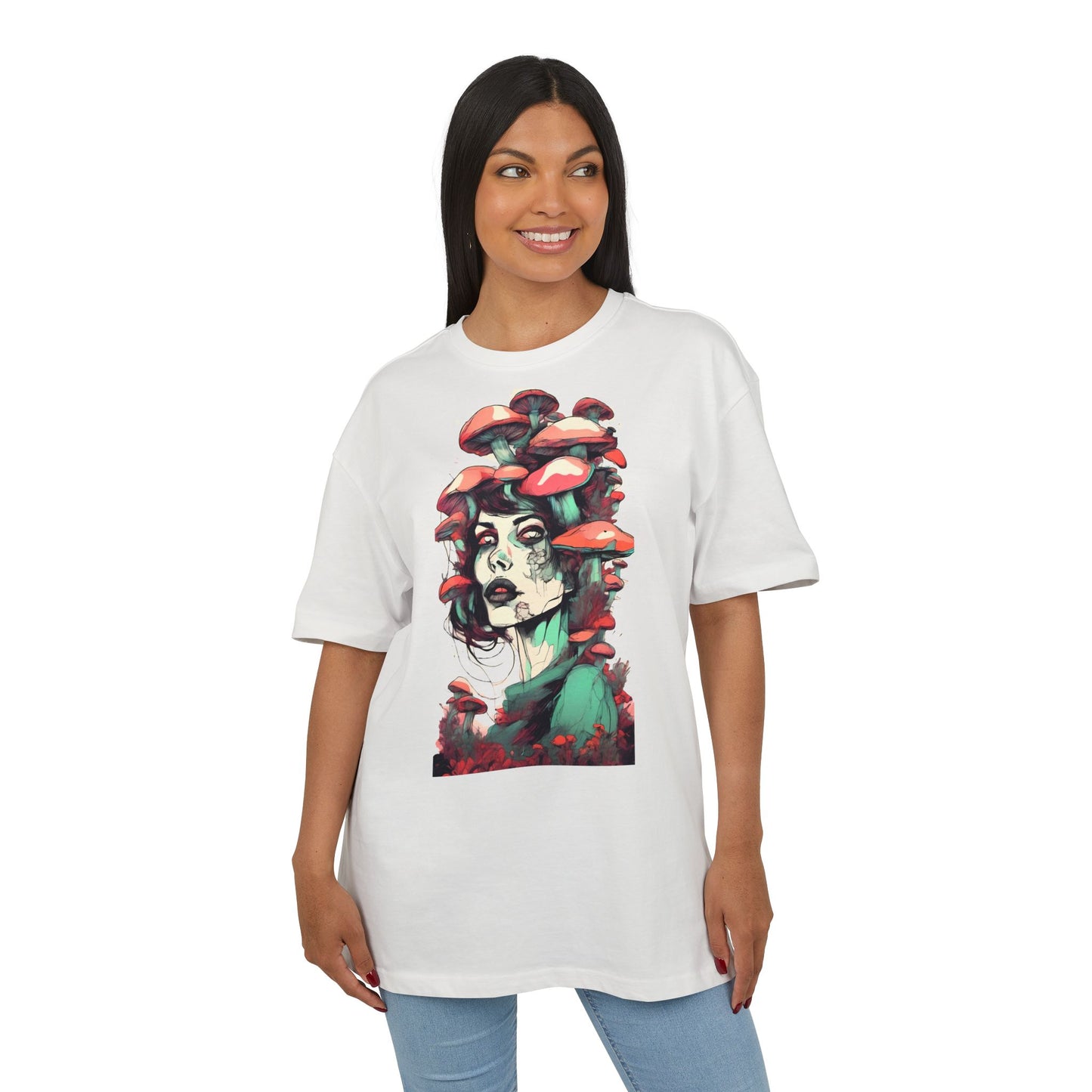 Mushroom Woman Oversized Tee, Bohemian Graphic T-Shirt, Unique Art Tee, Festival Wear, Streetwear Style Top