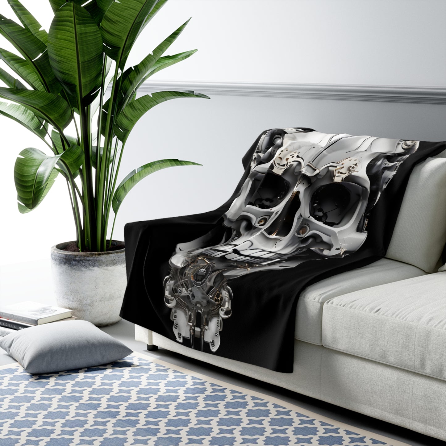 Sherpa Fleece Blanket with Futuristic Cyber Skull Design