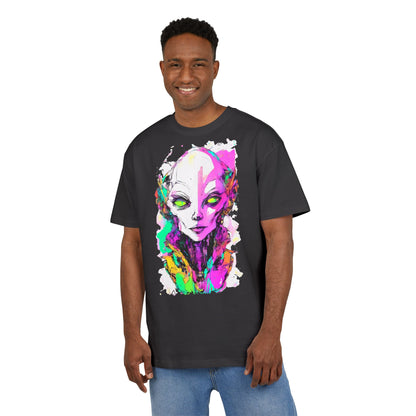 Colorful Alien Graphic Unisex Heavy Oversize Tee | Casual Streetwear, Gift for UFO Enthusiasts, Statement Tee, Festival Wear, Unique Art Tee