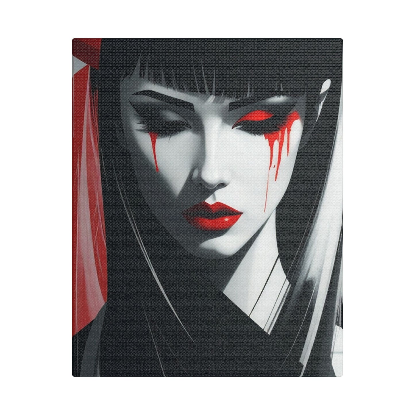 Japanese Art Canvas, Stretched Wall Art, Modern Home Decor, Red and Black Portrait, Unique Gift for Art Lovers, Asian Aesthetic