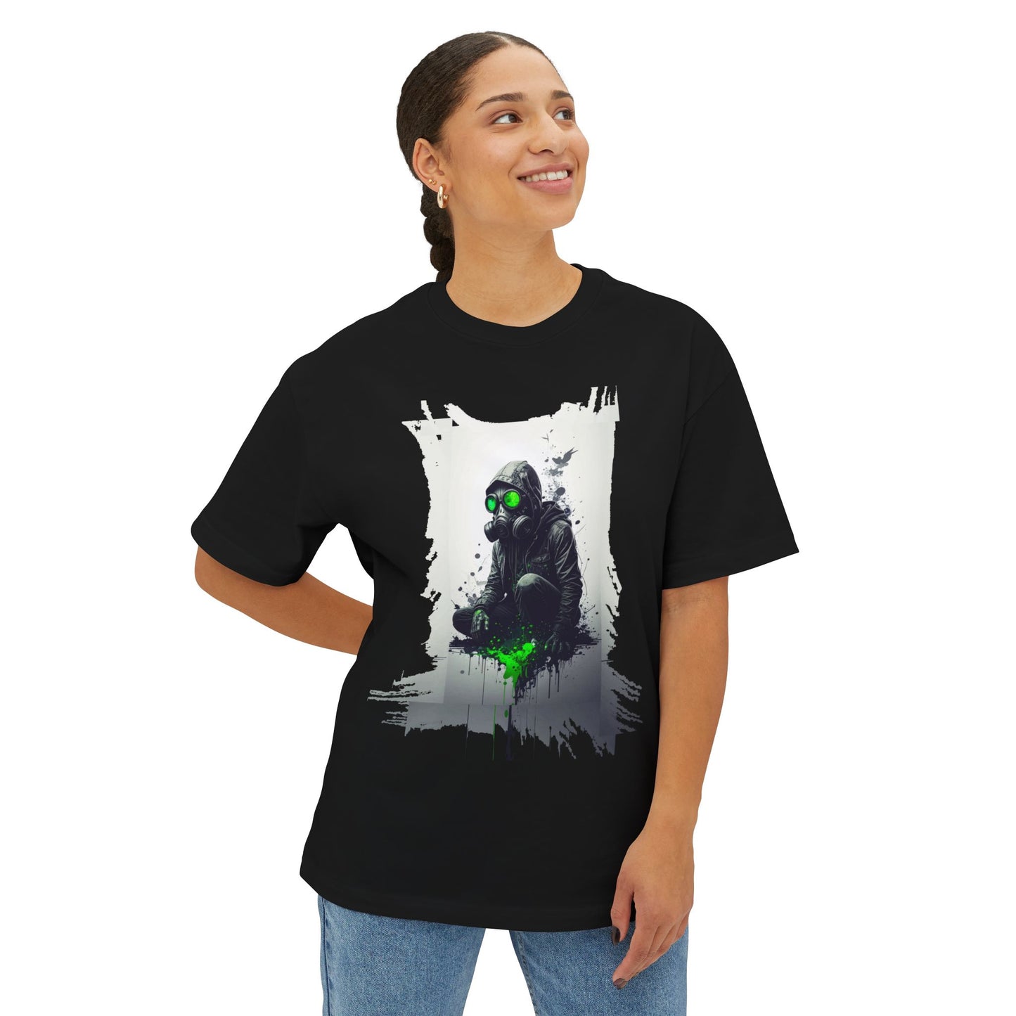 Unisex Oversized Boxy Tee with Unique Green Gas Mask Design, Graphic Tee, Streetwear Fashion, Gift for Gamers, Casual Style