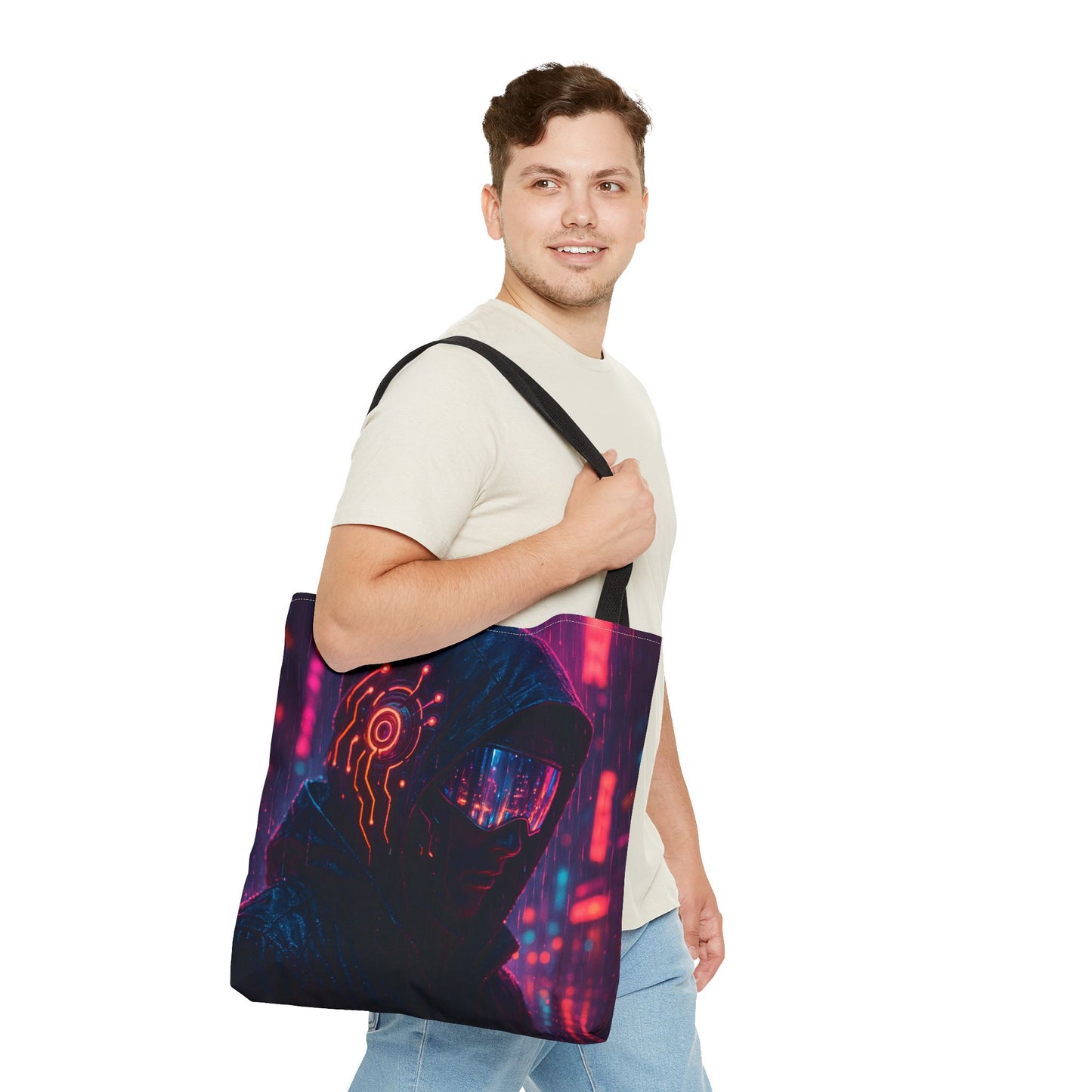 Futuristic Cyberpunk Tote Bag, Unique AOP Bag for Tech Lovers, Stylish Everyday Tote, Gift for Gamers, Sci-Fi Enthusiasts
