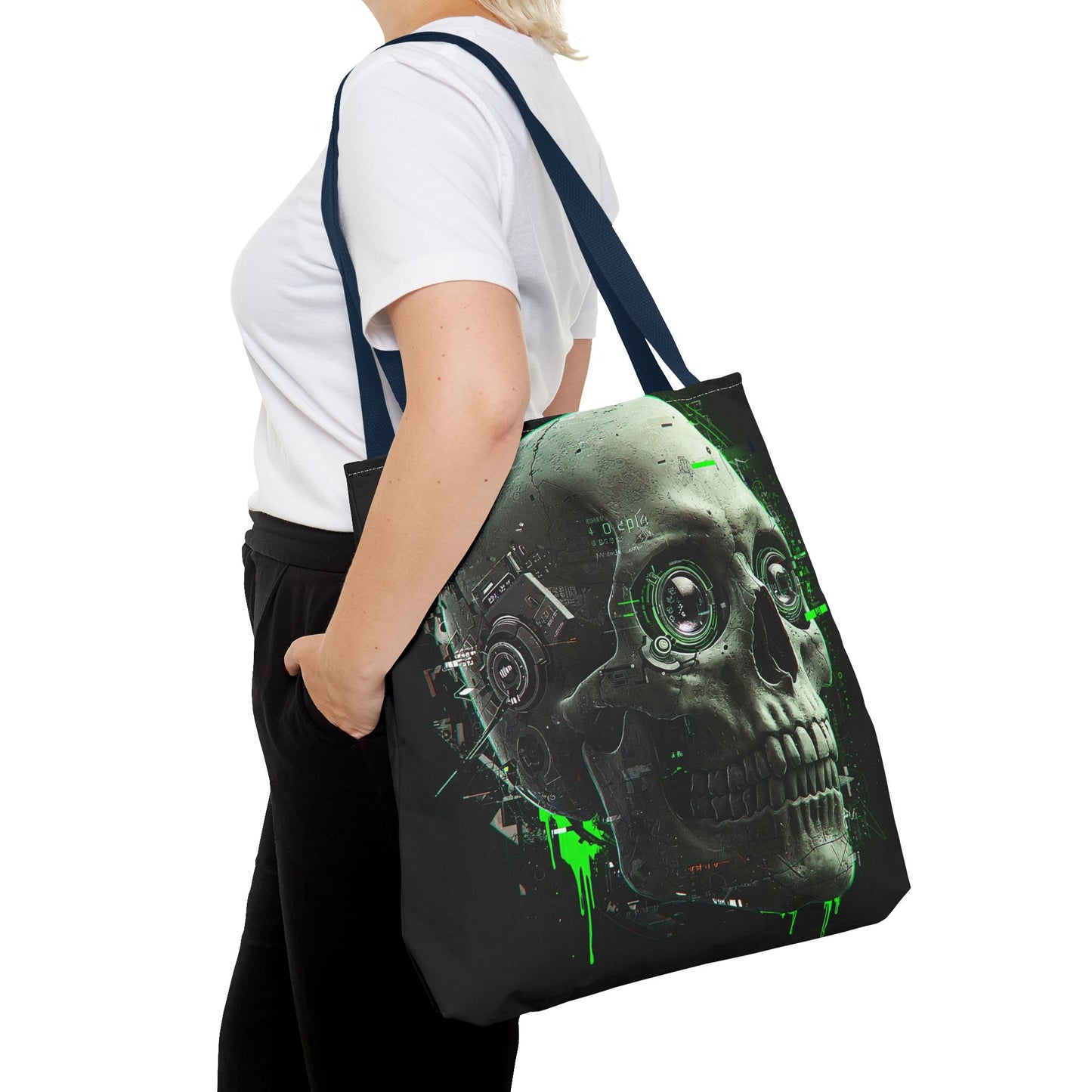 Futuristic Skull Tote Bag, Eco-Friendly Shopping Bag, Graphic Tote, Halloween Gift, Unique Art Bag, Stylish Carryall, Gift for Nerds