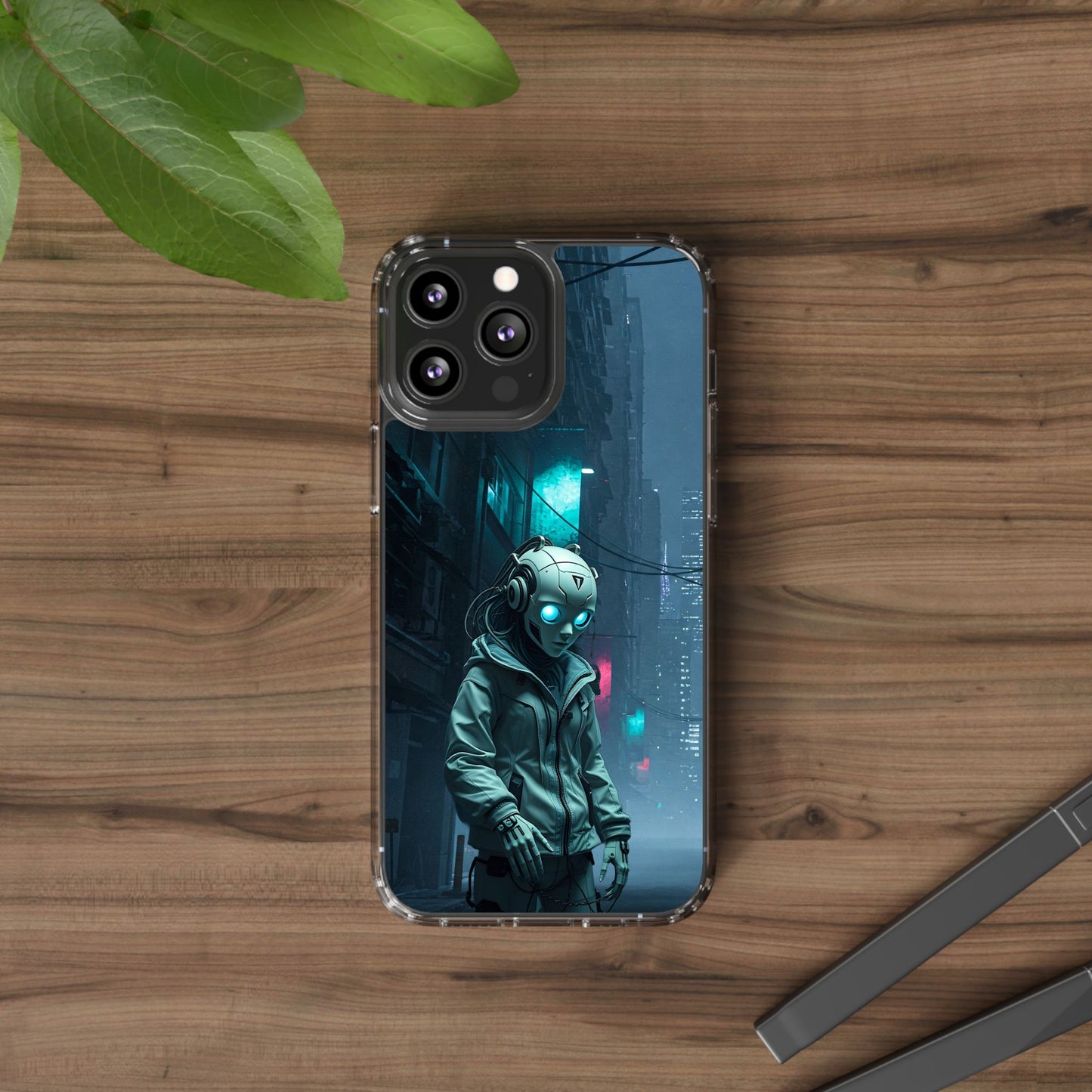 Futuristic Clear Phone Case with Neon City Design