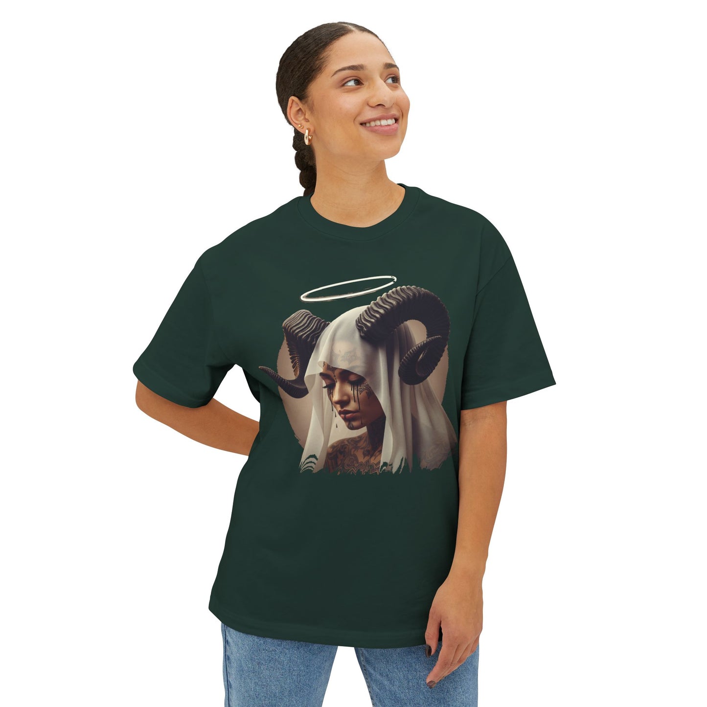Mystical Ram Graphic Tee, Unisex Oversized Boxy Tee, Statement T-Shirt, Boho Chic Shirt, Art-Inspired Fashion, Comfortable Everyday Wear