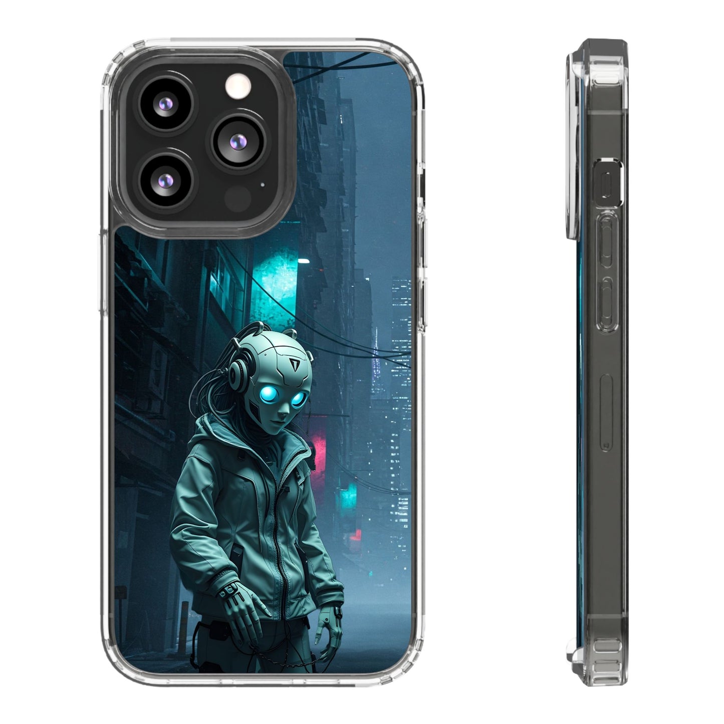 Futuristic Clear Phone Case with Neon City Design