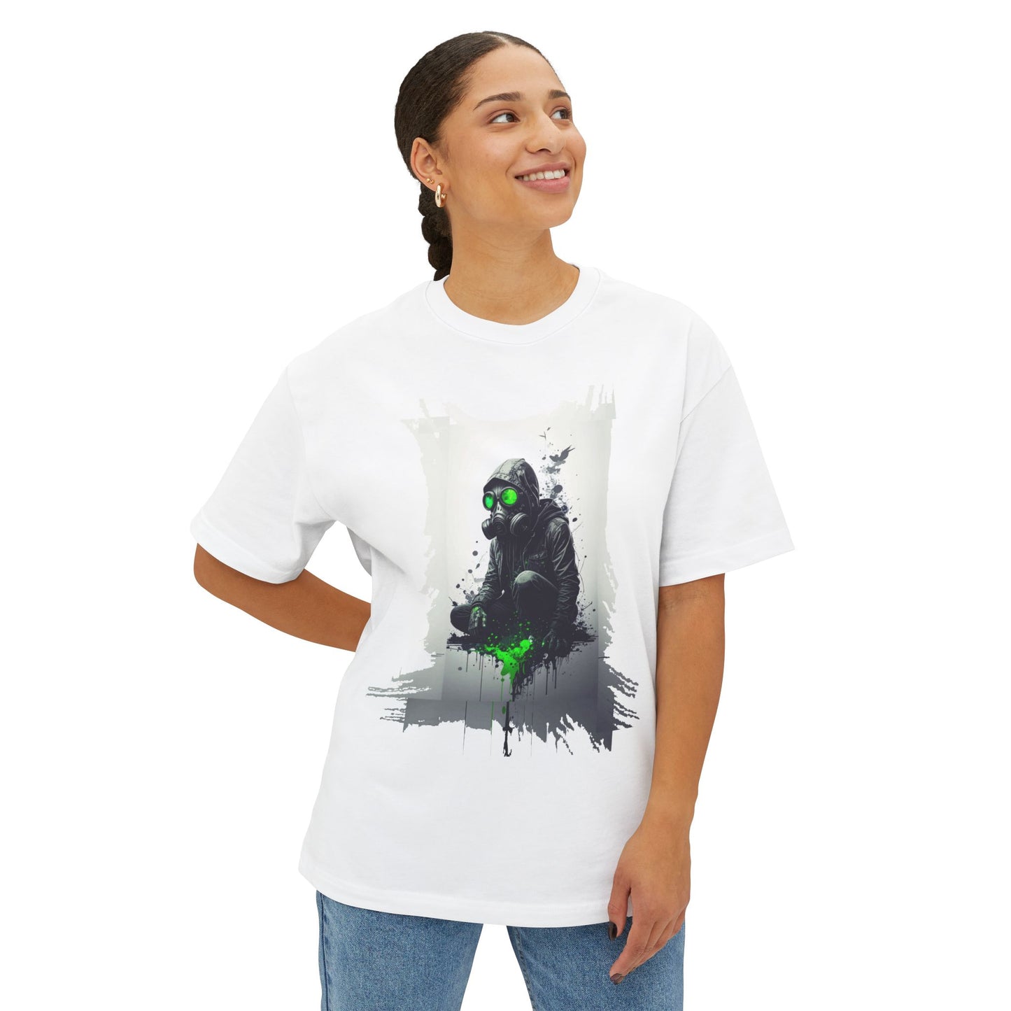Unisex Oversized Boxy Tee with Unique Green Gas Mask Design, Graphic Tee, Streetwear Fashion, Gift for Gamers, Casual Style