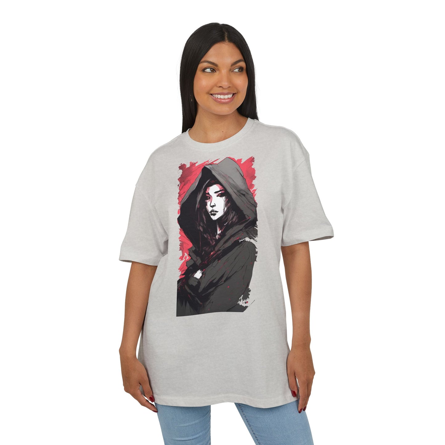 Artistic Oversize Tee with Hooded Character Design, Unisex Streetwear, Graphic Tee, Casual Wear, Unique Gift, Fashion Statement
