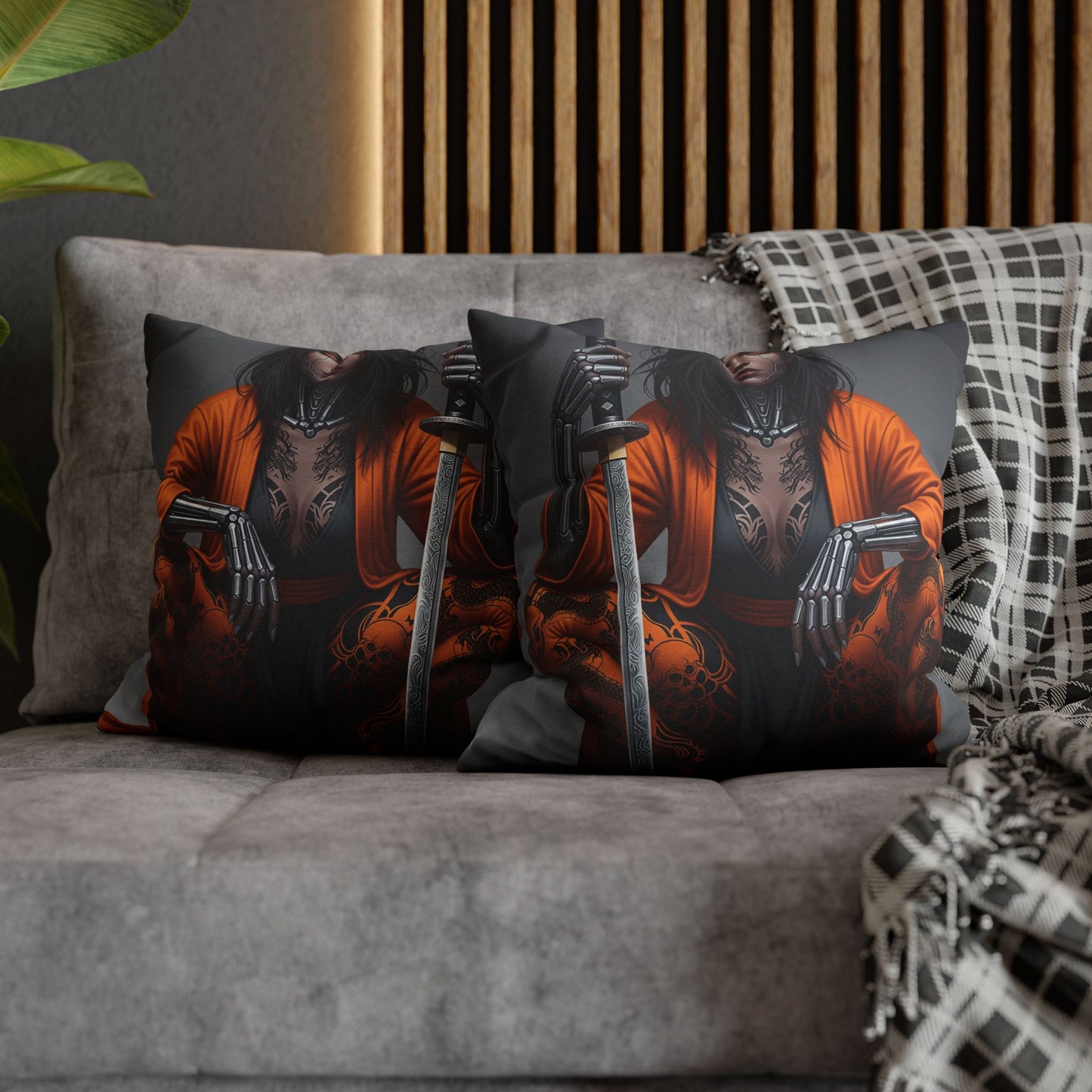 Fierce Warrior Design Pillowcase, Unique Home Decor, Boho Accent Pillow, Anime Art, Gift for Her, Cosplay Lovers