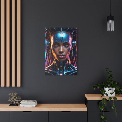 Satin Canvas Wall Art, Futuristic Female Portrait, Sci-Fi Decor, Cyberpunk Artwork, Geek Home Decor, Gift for Tech Lovers