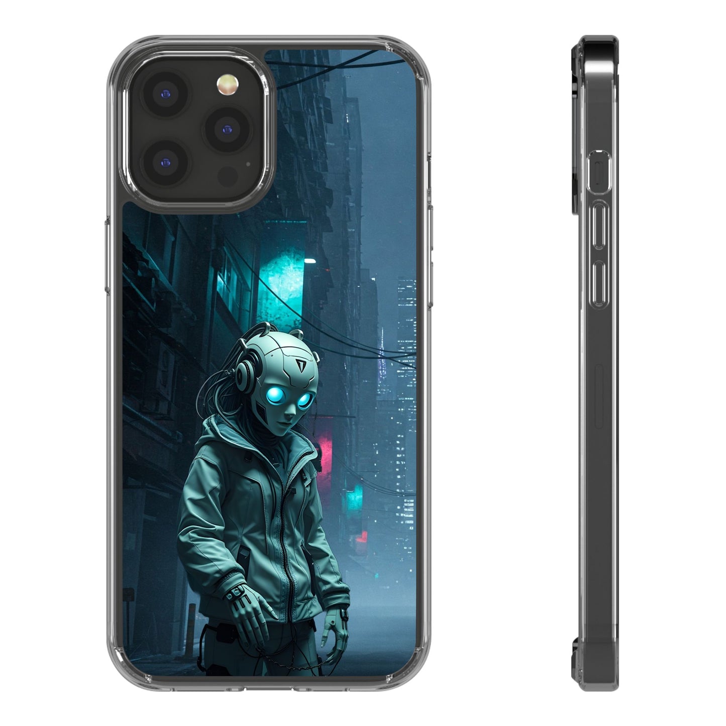 Futuristic Clear Phone Case with Neon City Design