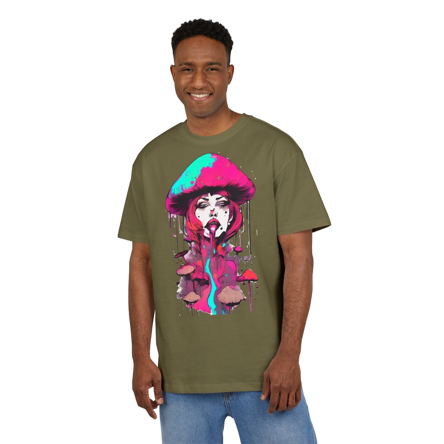 Vibrant Mushroom Art Unisex Heavy Oversize Tee, Funky T-Shirt, Artistic Casual Wear, Gift for Art Lovers, Unique Streetwear