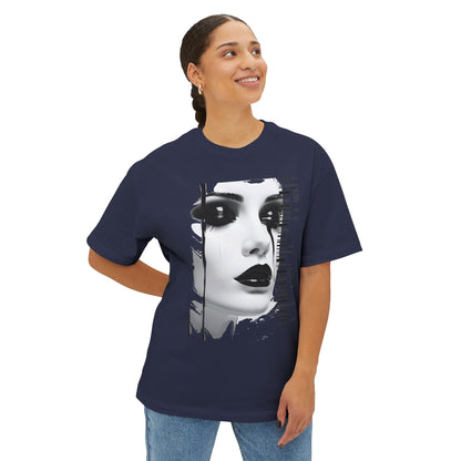 Chic Art Print Boxy Tee, Oversized Graphic T-Shirt, Fashionable Streetwear Top, Unique Women’s Cotton Tee, Casual Everyday Wear