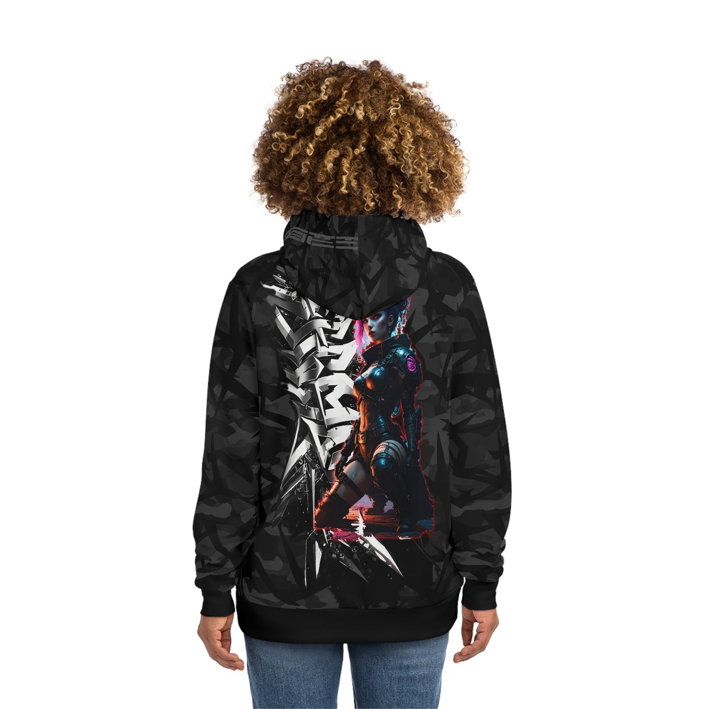 Stylish Urban Hoodie, Cyberpunk Fashion Sweater, Graphic Sweatshirt, Trendy Outerwear, AOP Pullover, Streetwear Apparel