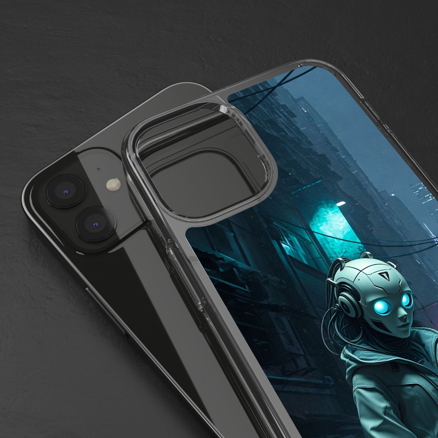 Futuristic Clear Phone Case with Neon City Design