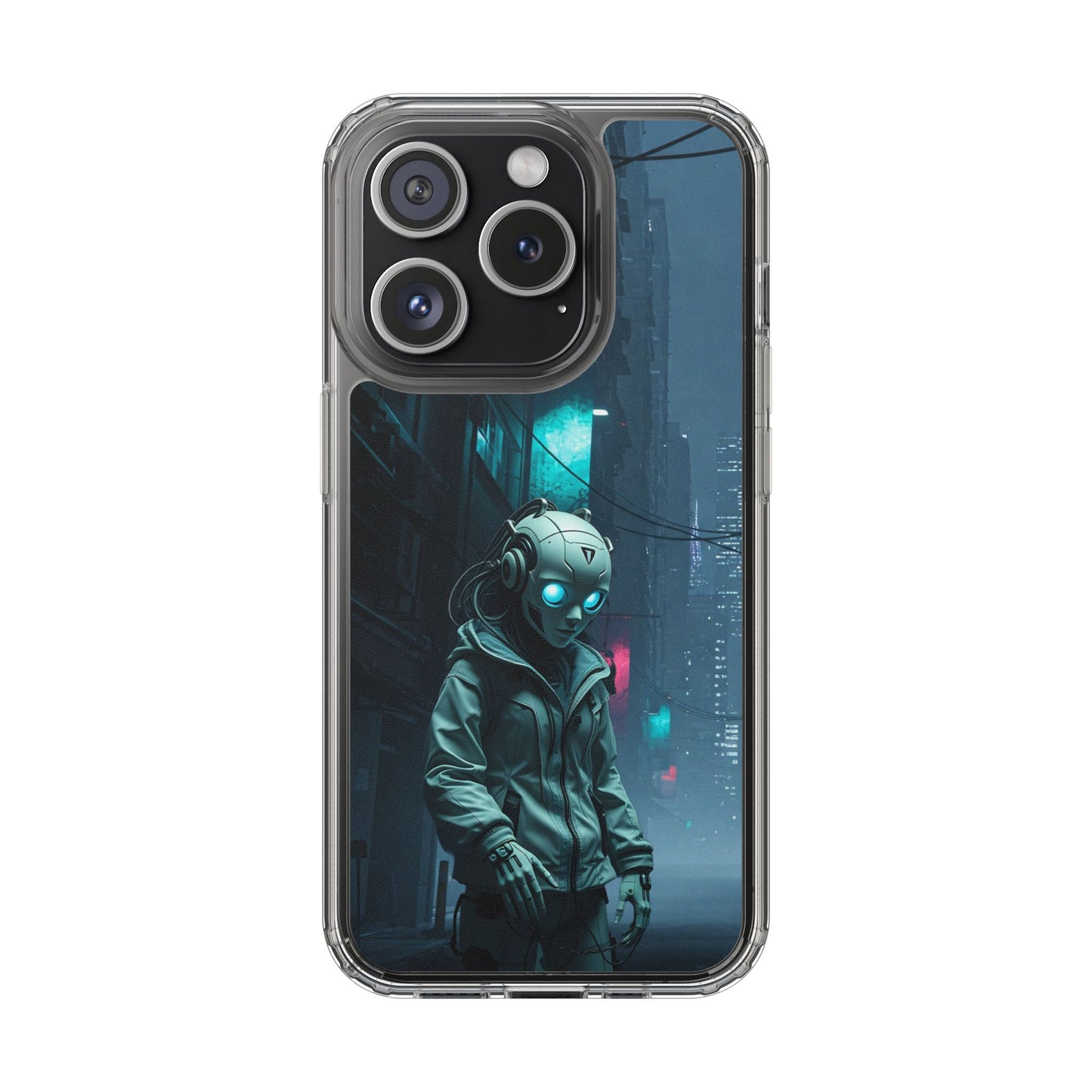 Futuristic Clear Phone Case with Neon City Design