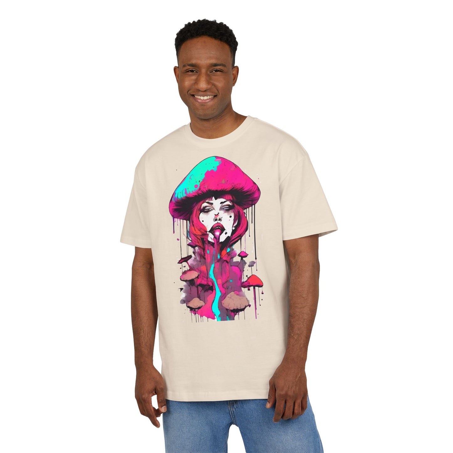 Vibrant Mushroom Art Unisex Heavy Oversize Tee, Funky T-Shirt, Artistic Casual Wear, Gift for Art Lovers, Unique Streetwear