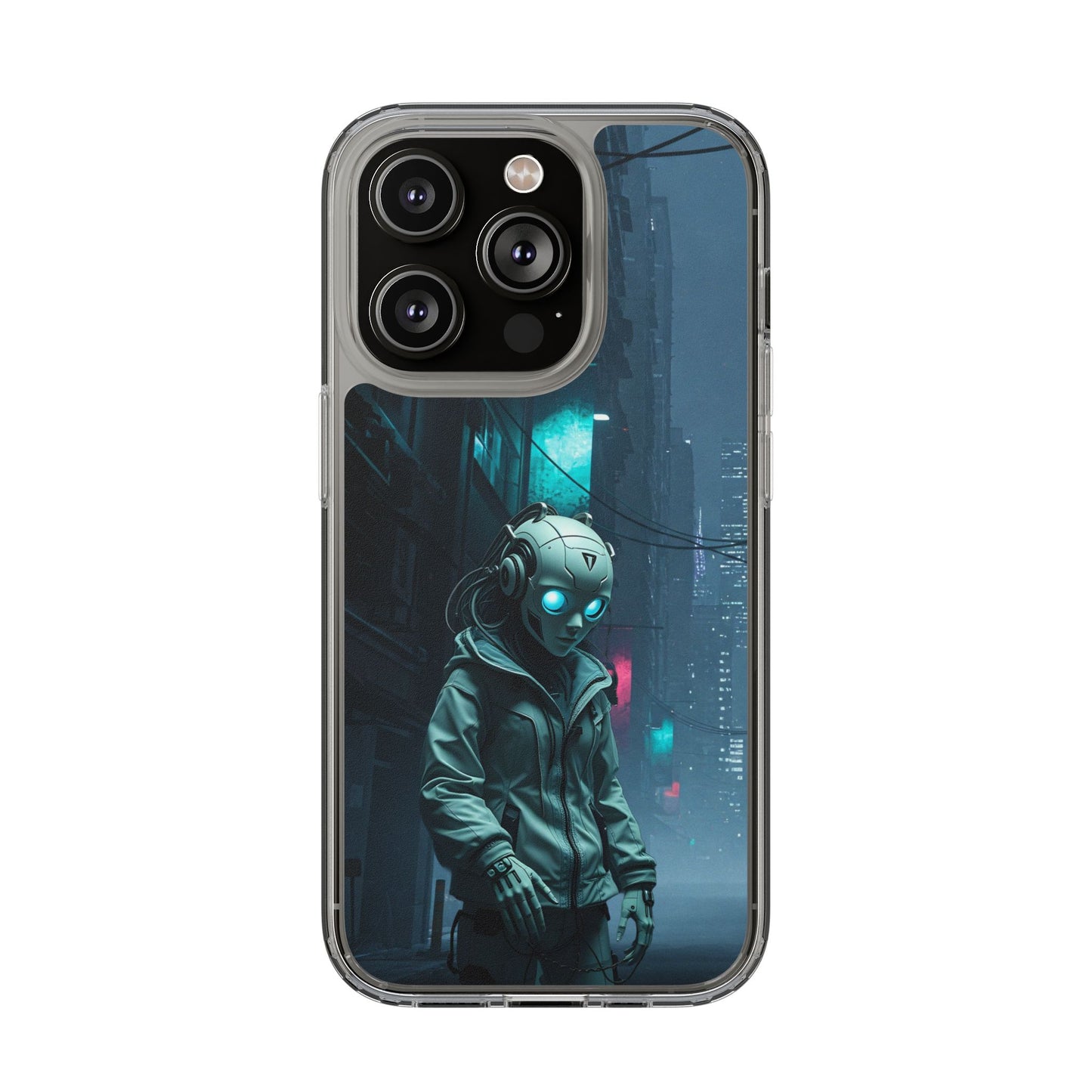 Futuristic Clear Phone Case with Neon City Design