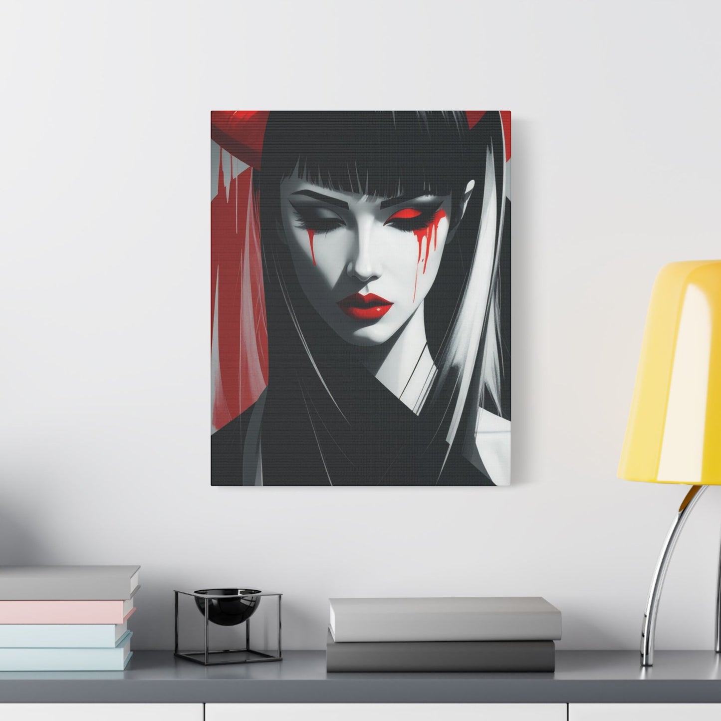 Japanese Art Canvas, Stretched Wall Art, Modern Home Decor, Red and Black Portrait, Unique Gift for Art Lovers, Asian Aesthetic