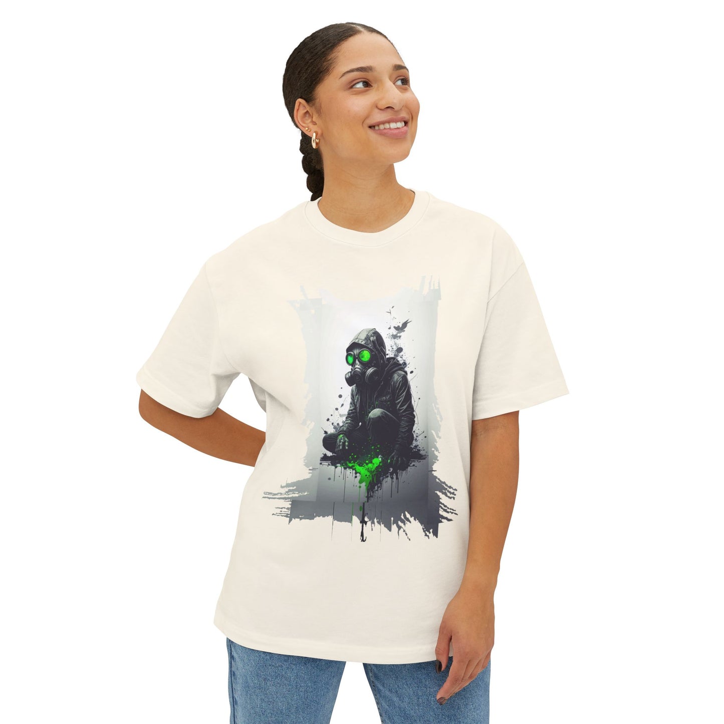 Unisex Oversized Boxy Tee with Unique Green Gas Mask Design, Graphic Tee, Streetwear Fashion, Gift for Gamers, Casual Style