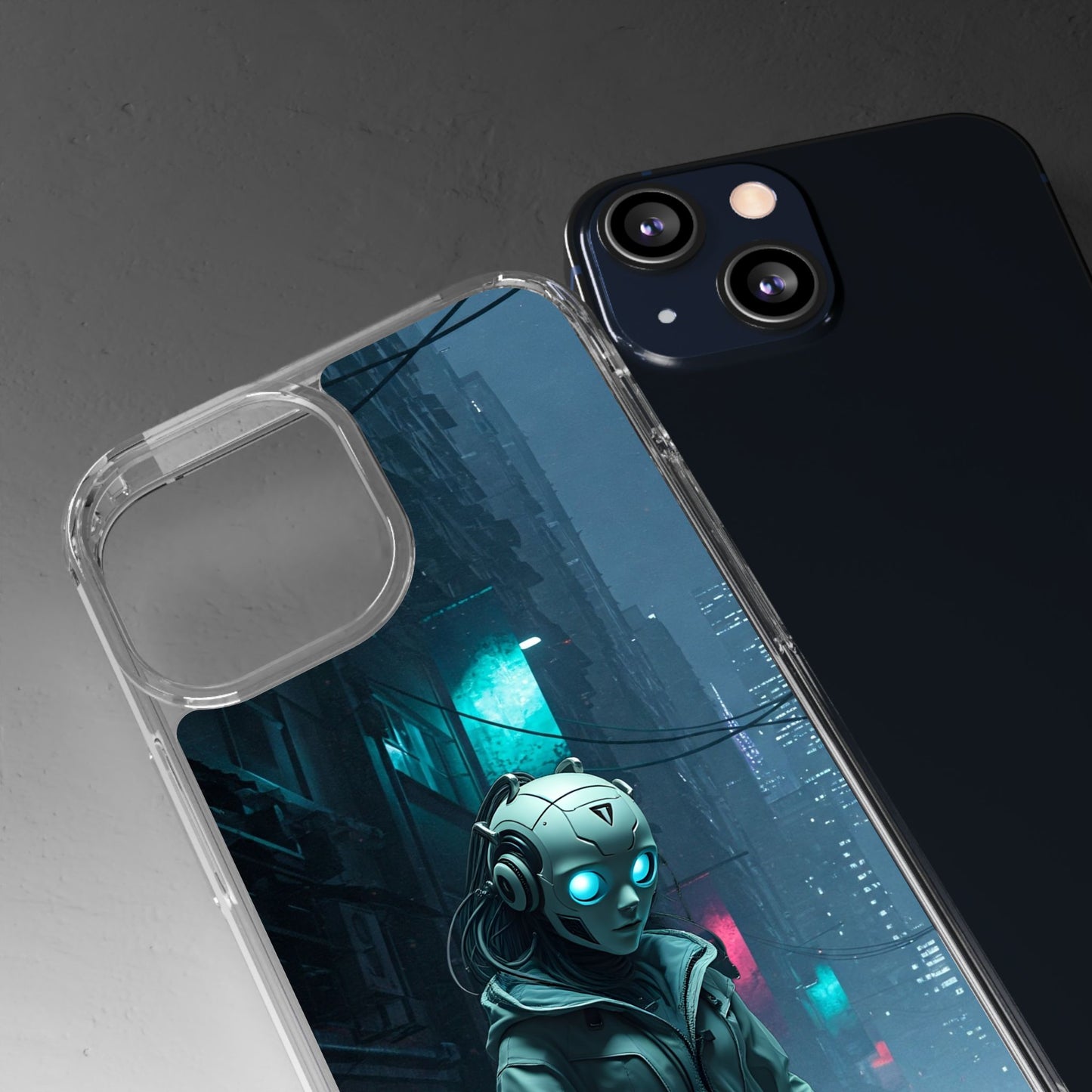 Futuristic Clear Phone Case with Neon City Design