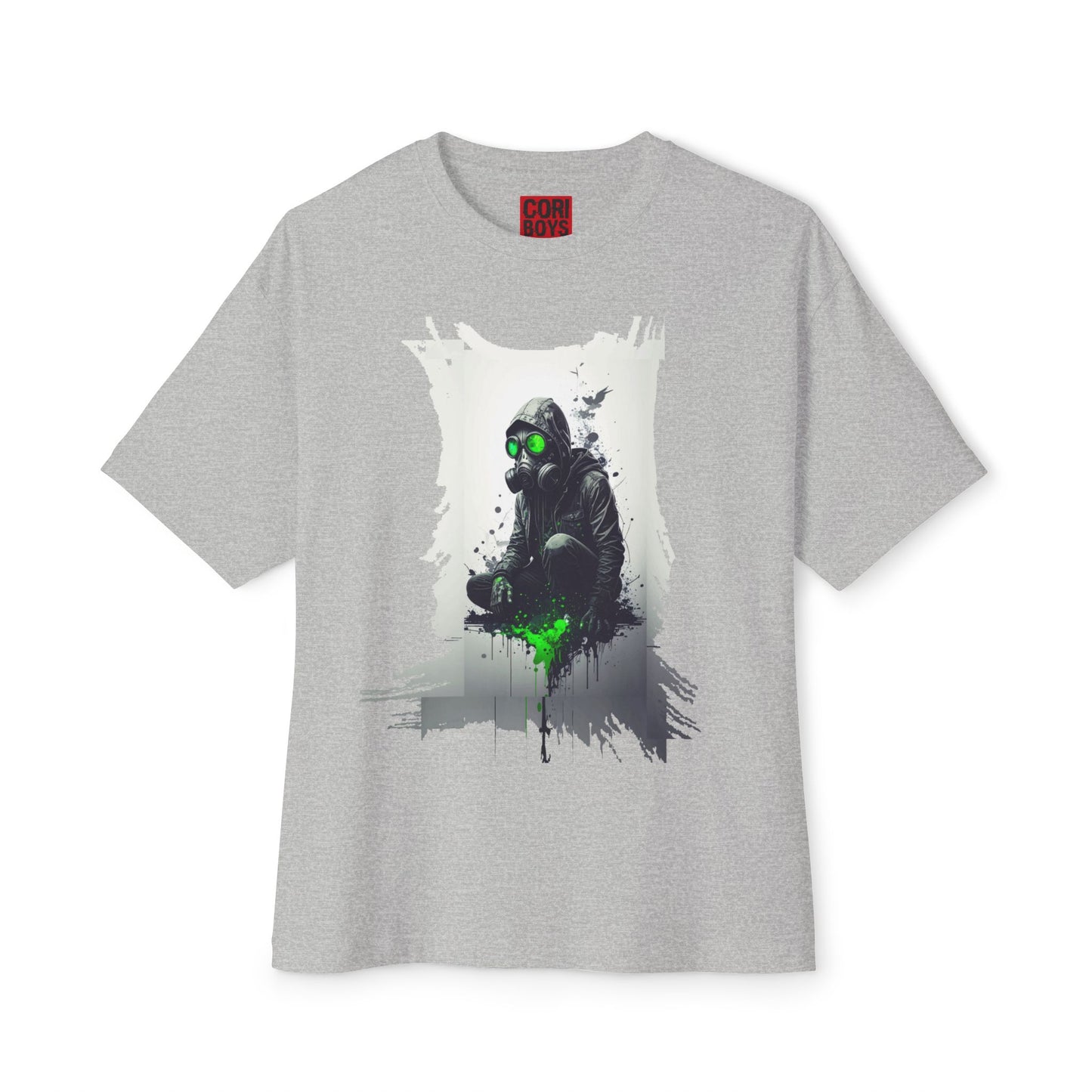 Unisex Oversized Boxy Tee with Unique Green Gas Mask Design, Graphic Tee, Streetwear Fashion, Gift for Gamers, Casual Style