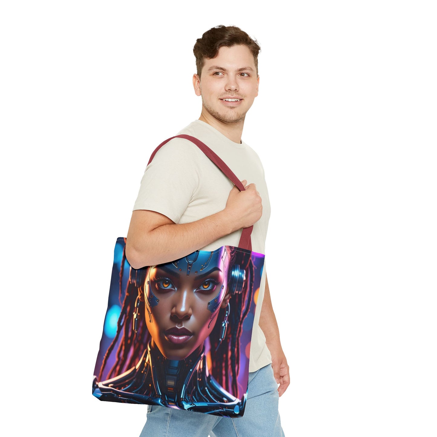 Futuristic Cyberpunk Tote Bag, AOP Tote, Cool Gift for Tech Lovers, Stylish Bag for Everyday Use, Space-Themed Fashion