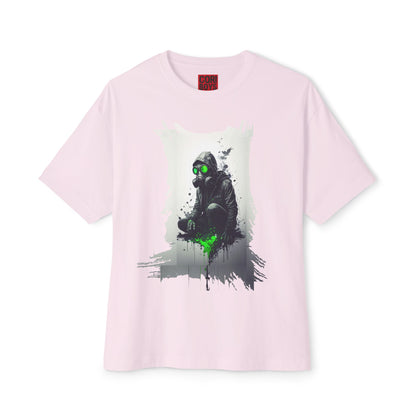 Unisex Oversized Boxy Tee with Unique Green Gas Mask Design, Graphic Tee, Streetwear Fashion, Gift for Gamers, Casual Style
