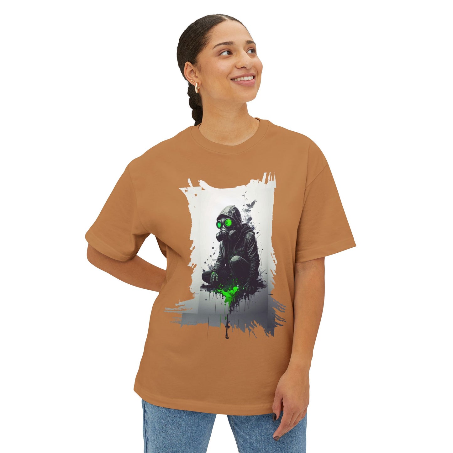 Unisex Oversized Boxy Tee with Unique Green Gas Mask Design, Graphic Tee, Streetwear Fashion, Gift for Gamers, Casual Style