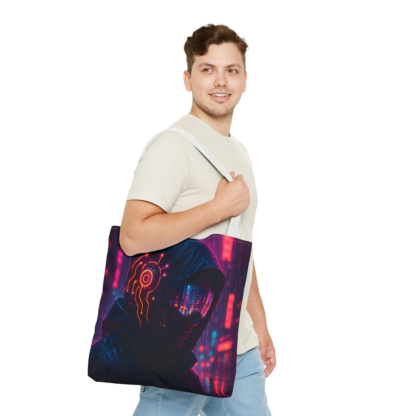 Futuristic Cyberpunk Tote Bag, Unique AOP Bag for Tech Lovers, Stylish Everyday Tote, Gift for Gamers, Sci-Fi Enthusiasts