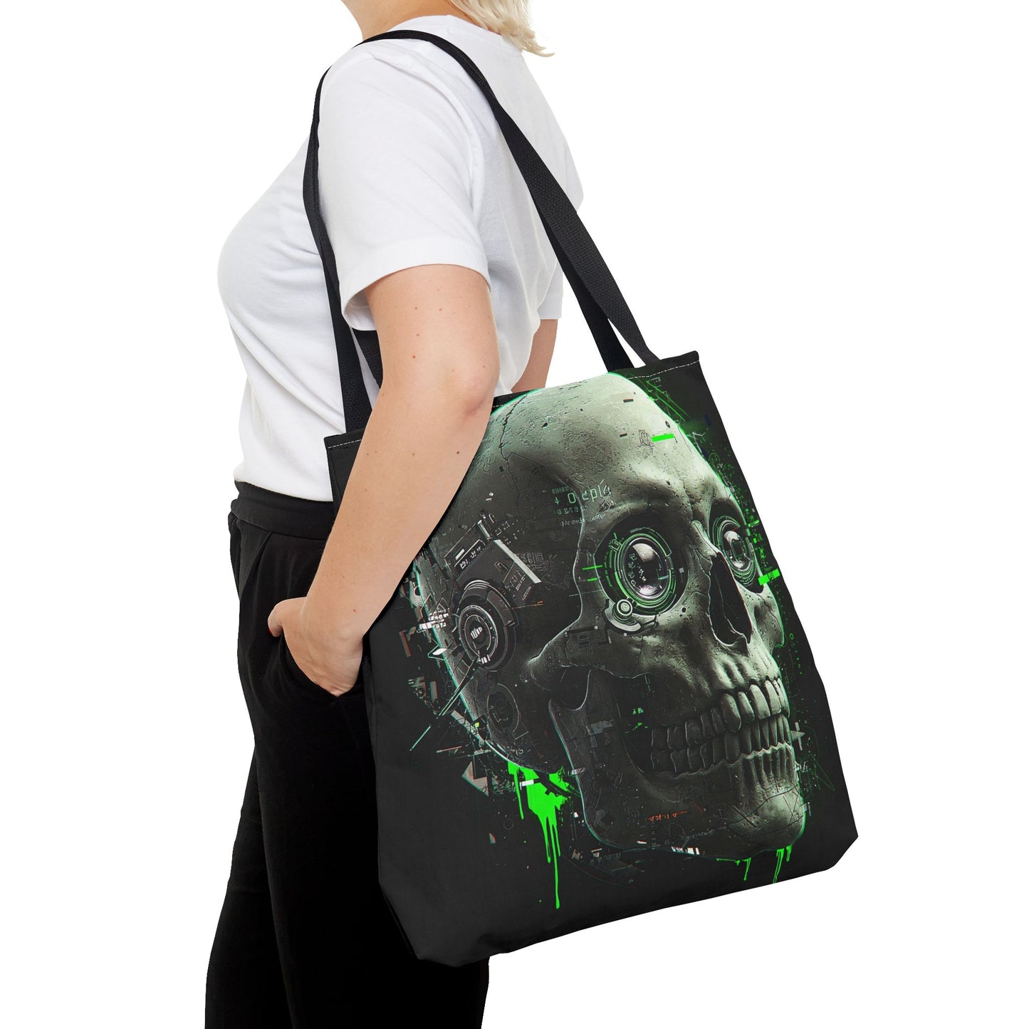 Futuristic Skull Tote Bag, Eco-Friendly Shopping Bag, Graphic Tote, Halloween Gift, Unique Art Bag, Stylish Carryall, Gift for Nerds