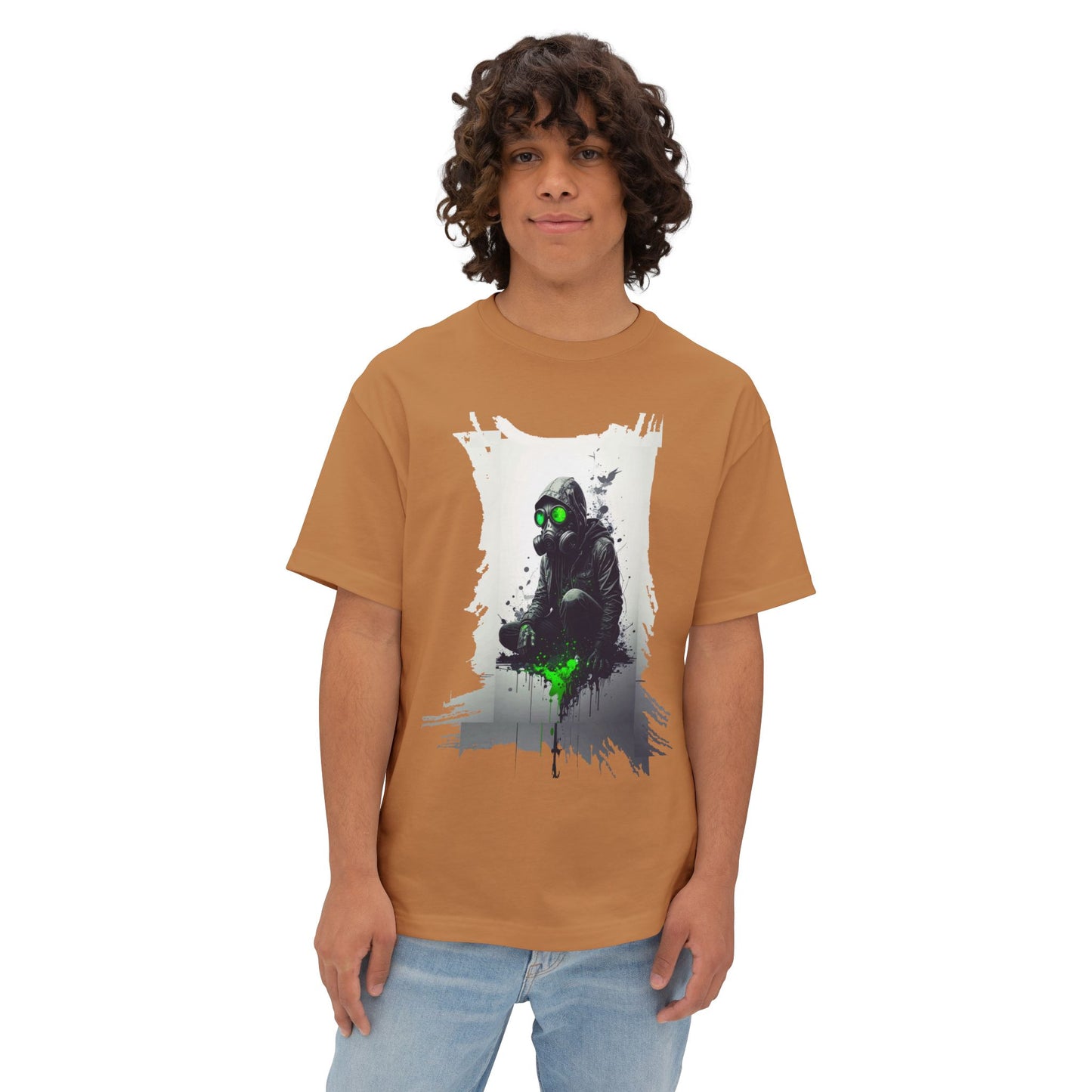 Unisex Oversized Boxy Tee with Unique Green Gas Mask Design, Graphic Tee, Streetwear Fashion, Gift for Gamers, Casual Style