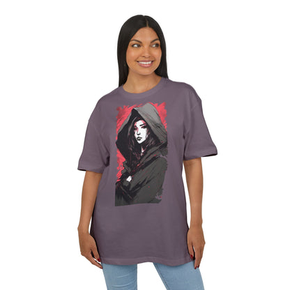Artistic Oversize Tee with Hooded Character Design, Unisex Streetwear, Graphic Tee, Casual Wear, Unique Gift, Fashion Statement