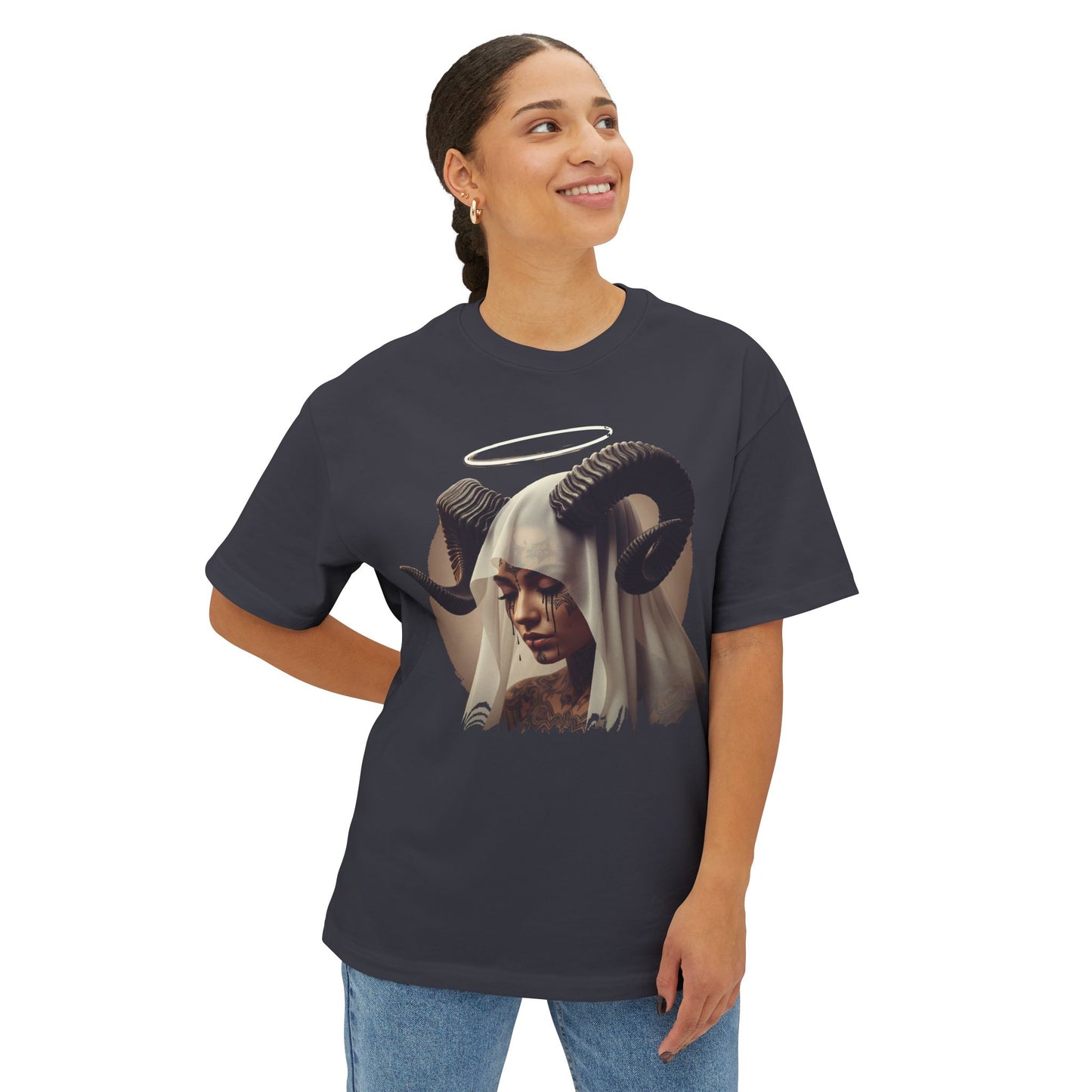 Mystical Ram Graphic Tee, Unisex Oversized Boxy Tee, Statement T-Shirt, Boho Chic Shirt, Art-Inspired Fashion, Comfortable Everyday Wear