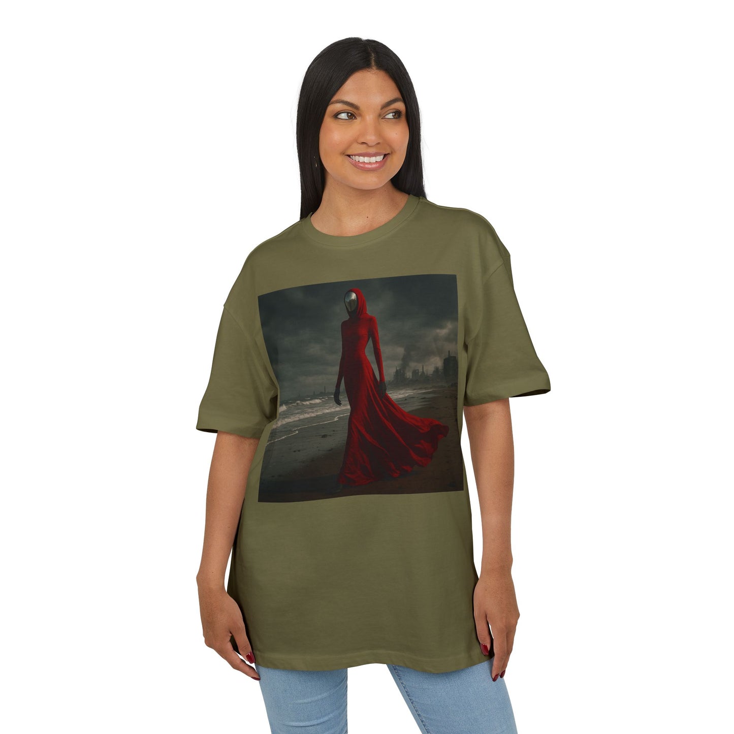 Mystical Red Hooded Tee - Unisex Oversize T-Shirt, Grunge Fashion, Streetwear Style, Gift for Horror Fans, Casual Wear