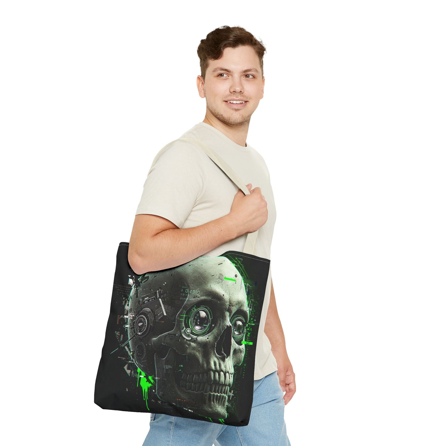 Futuristic Skull Tote Bag, Eco-Friendly Shopping Bag, Graphic Tote, Halloween Gift, Unique Art Bag, Stylish Carryall, Gift for Nerds