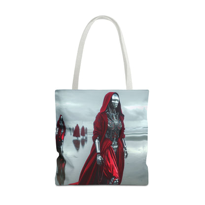 Futuristic Red Hooded Tote Bag, Eco-Friendly Shopping Tote, Stylish Reusable Bag, Perfect for Gifts, Fashion Statement
