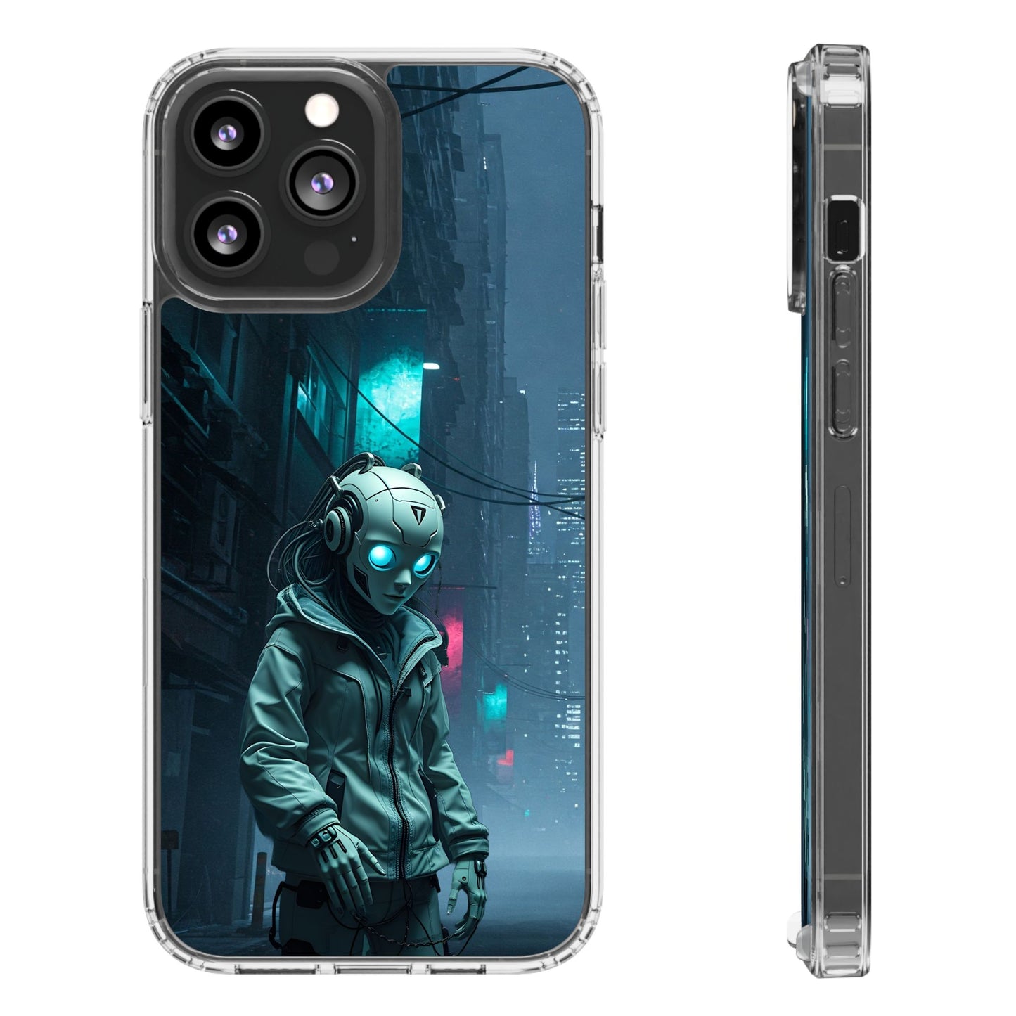 Futuristic Clear Phone Case with Neon City Design
