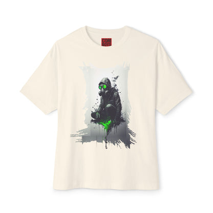 Unisex Oversized Boxy Tee with Unique Green Gas Mask Design, Graphic Tee, Streetwear Fashion, Gift for Gamers, Casual Style