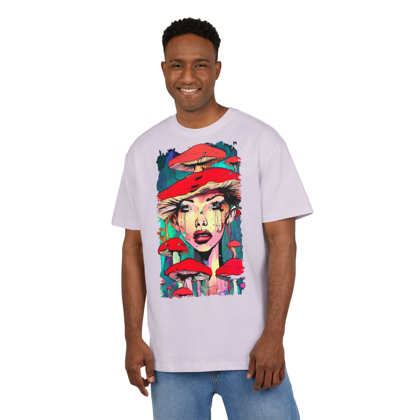 Colorful Art Tee, Unisex Heavy Oversize Tee with Mushroom Design, Casual Wear, Graphic Shirt, Gift for Art Lovers, Streetwear Style