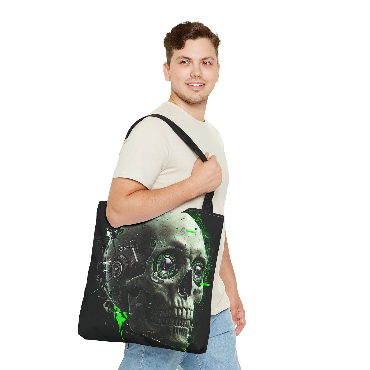 Futuristic Skull Tote Bag, Eco-Friendly Shopping Bag, Graphic Tote, Halloween Gift, Unique Art Bag, Stylish Carryall, Gift for Nerds