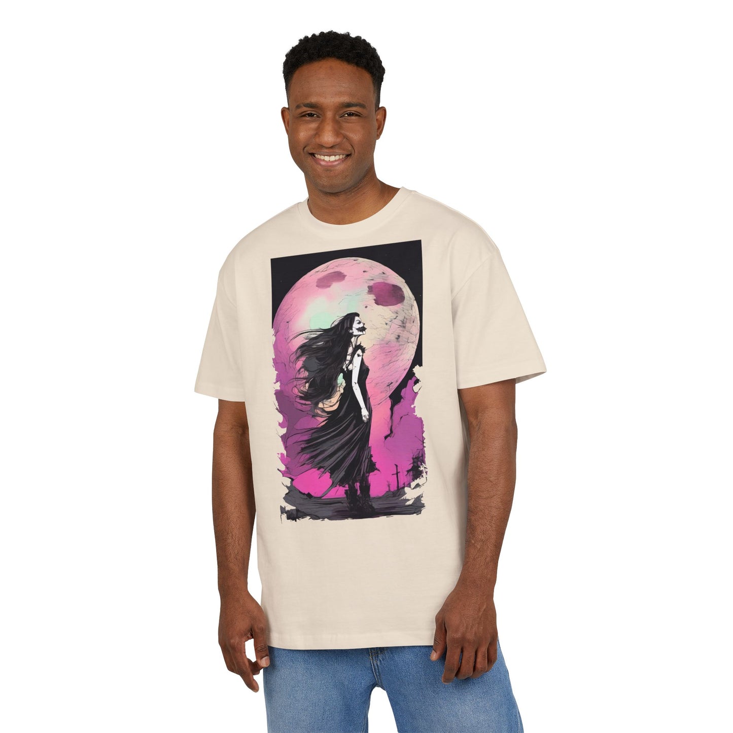 Unisex Heavy Oversize Tee with Moonlit Design, Graphic Tee for Night Lovers, Alternative Fashion, Halloween Shirt, Gift for Her