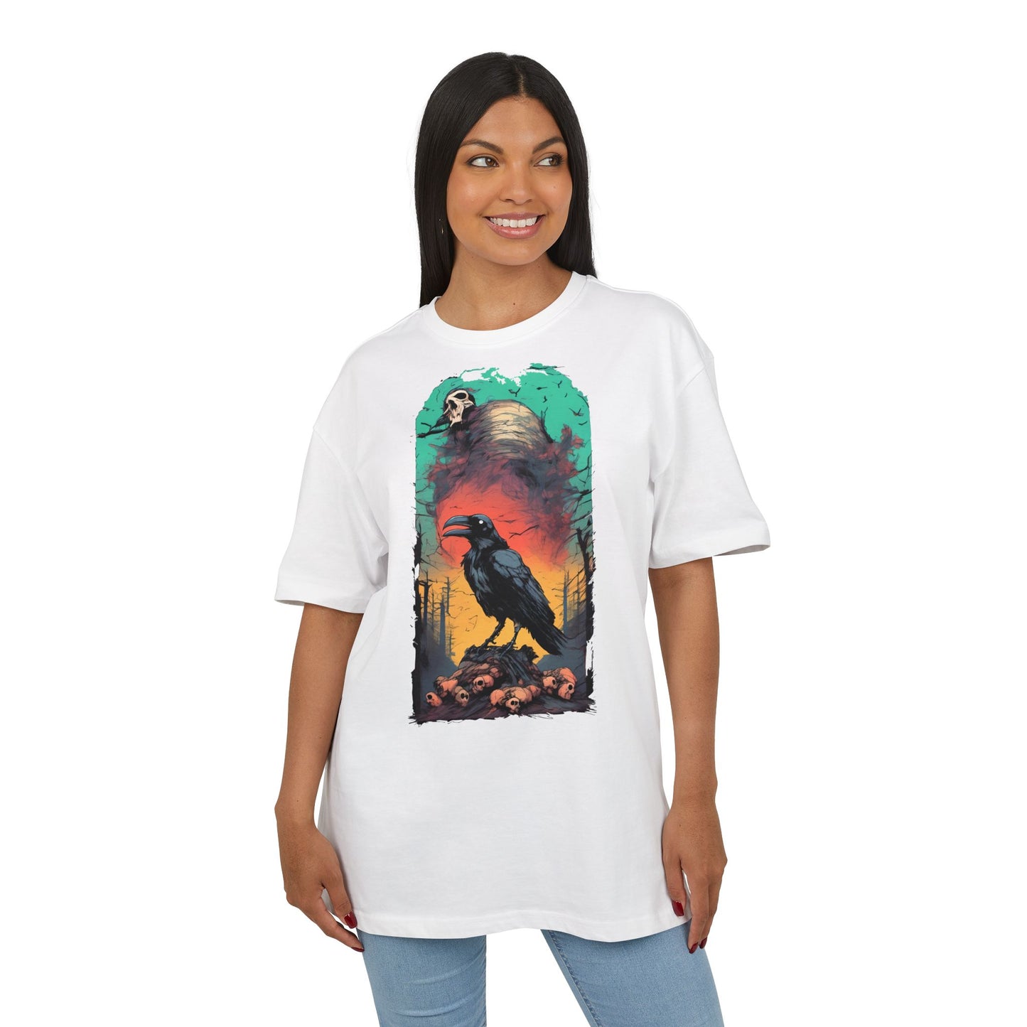 Mystical Raven Oversize Tee: Boho Style, Unisex Graphic T-Shirt for Nature Lovers, Festival Wear, Halloween, Gift Ideas