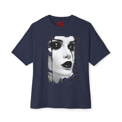 Chic Art Print Boxy Tee, Oversized Graphic T-Shirt, Fashionable Streetwear Top, Unique Women’s Cotton Tee, Casual Everyday Wear