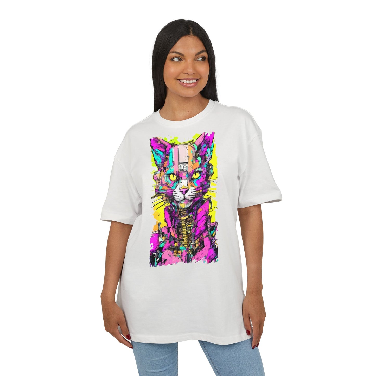 Colorful Cat Graphic Tee, Unisex Heavy Oversize T-Shirt, Funky Cat Art Shirt, Gift for Cat Lovers, Unique Casual Wear