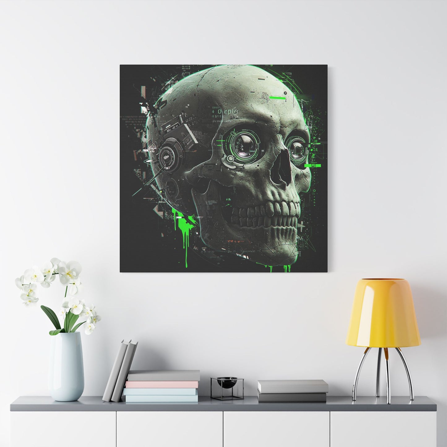 Techno Skull Canvas Art Print, Cyberpunk Wall Decor, Edgy Home Aesthetic, Gothic Gift for Him, Halloween Decoration, Modern Artwork