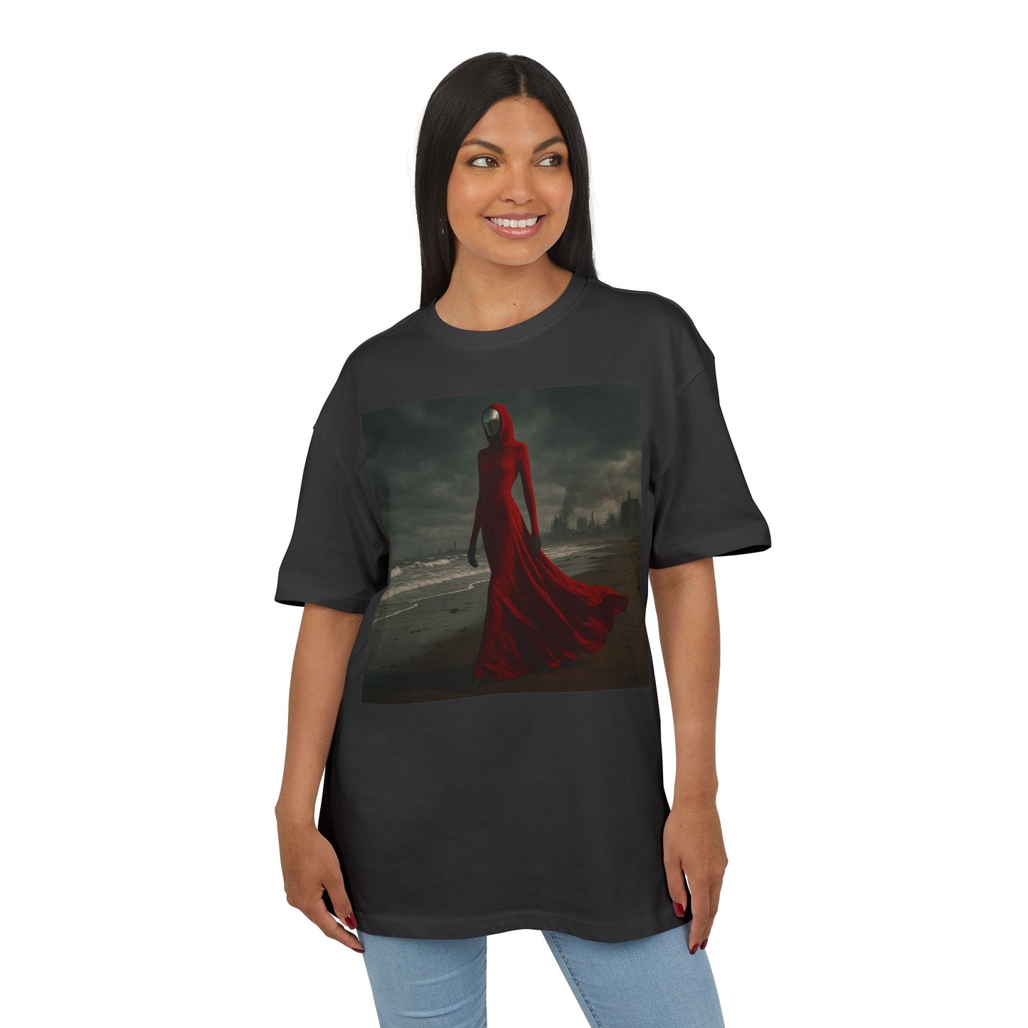 Mystical Red Hooded Tee - Unisex Oversize T-Shirt, Grunge Fashion, Streetwear Style, Gift for Horror Fans, Casual Wear
